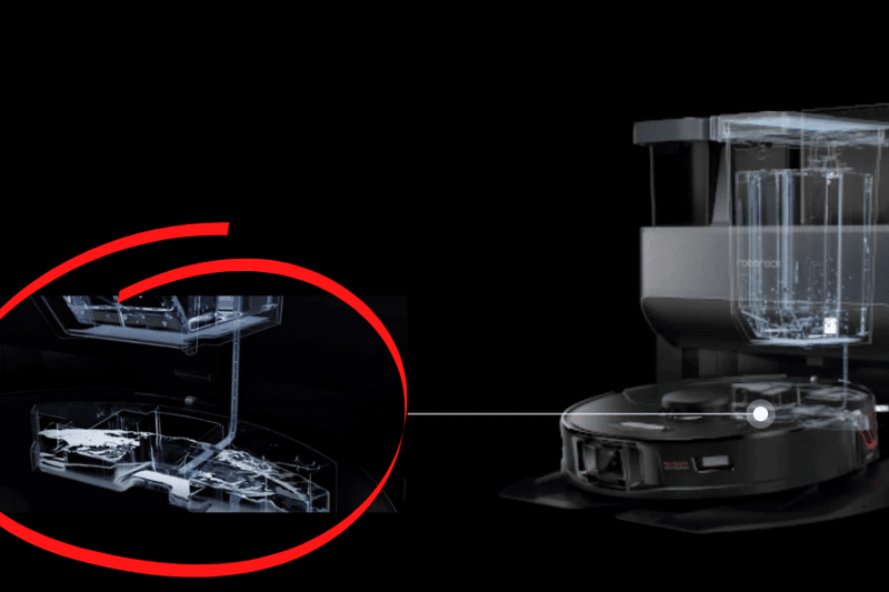 Die Reinigungsstation des Roborock S7 MaxV fühlt selbständig das Wasser im Wassertank des Saug-Wisch-Roboters nach